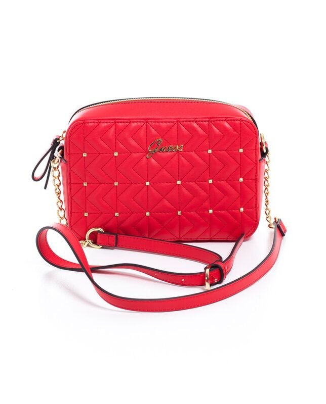 geanta crossbody, geanta guess, vibrant rouge, detalii aurii, geanta moderna, geanta eleganta, Geantă Crossbody Vibrant Rouge cu Matlasare și Accente Aurii 1