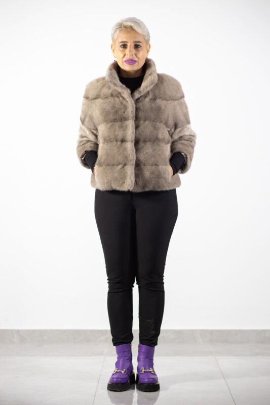 jacheta vizon, gri taupe, jacheta premium, blana naturala, jacheta iarna, Jachetă Premium din Blană de Vizon Gri Taupe