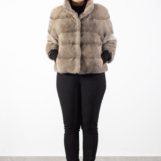 jacheta vizon, gri taupe, jacheta premium, blana naturala, jacheta iarna, Jachetă Premium din Blană de Vizon Gri Taupe