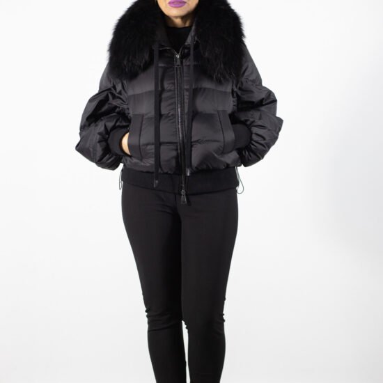 geaca neagra, guler blana, geaca scurta, geaca iarna, geaca premium, Geacă Neagră Scurtă cu Guler din Blană Naturală