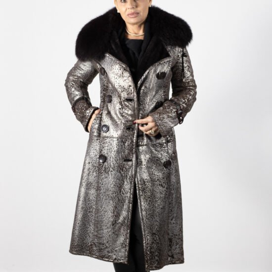 cojoc elegant din piele, Cojoc Piele Naturală cu Guler din Blană de Vulpe – Design Patinat Arămiu