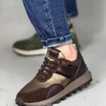 Sneakers maro cu inserții din piele și material textil, sneakers maro, adidasi piele, pantofi sport, sneakers casual, pantofi dama