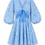 Rochie Scurtă din Dantelă Brodată Albastru-Ciel cu Mâneci Bufante