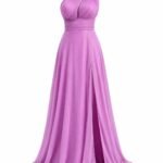 Rochie Lungă de Seară Lila-Roz pe Un Umăr cu Slit Adânc