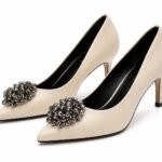 Pantofi Stiletto Țesătura Crem cu Aplicație din Mărgele Metalice