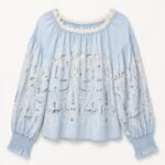 Bluză Romantică Albastru-Ciel din Bumbac cu Broderie Spărtură (Broderie Anglaise) și Dantelă