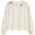 Bluză Elegantă Alb-Ivory din Organza Brodată cu Motive Florale