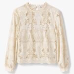 Bluză Elegantă Crem-Ivory din Dantelă Guipure cu Motive Tropicale și Spărtură