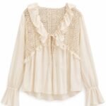 Bluză Boho-Chic Crem din Voal cu Inserții de Dantelă Croșetată și Volane