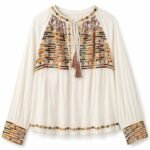 Bluză Boho-Folk din Bumbac Alb cu Broderie Etnică Multicolora și Ciucuri