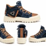 Sneakers/Ghete Mid-Top din Denim Albastru cu Buzunar Utilitar, Accente din Piele Cognac și Talpă Chunky Ivory