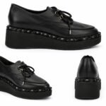 Pantofi Derby Negri din Piele cu Ținte Piramidale (Rockstud) și Platformă Flatform