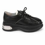 Pantofi/Sneakers Joși Negri din Piele cu Inserții de Fermoare Metalice și Accent Argintiu pe Călcâi