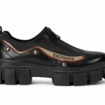 Pantofi/Sneakers Slip-On Negri din Piele cu Fermoar Frontal, Capse Metalice și Talpă Masivă Block Track