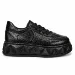 Sneakers Negri din Piele Crăpată/Lăcuită (Crinkled Patent) cu Talpă Geometrică Geometrizată 3D