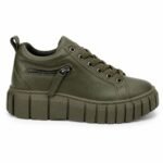 Sneakers Joși Verde Măsliniu din Piele cu Fermoar Decorative și Talpă Masivă Block Track