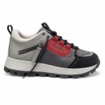 Sneakers Multi-Material Gri, Roșu și Negru cu Detaliu „CLUB★”, Fermoar Lateral și Talpă Track
