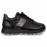 Sneakers Negri din Piele cu Textură Croco-Metallic, D dungă Argintie și Talpă Semi-Transparentă Track