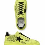 Sneakers Joși Galben Neon din Piele cu Imprimeu Doodle-Graffiti, Stea Neagră și Detalii Smiley