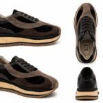 Sneakers Multitextură în Nuanțe de Pământ cu Piele Întoarsă, Piele Nappa și Talpă Platformă Stratificată
