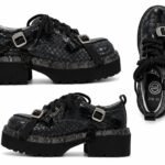 Loafers/Pantofi Platformă Negri din Piele Imprimeu Șarpe cu Curele Lăcuite și Catarame