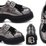 Loafers/Pantofi Platformă Metalizați din Piele Crăpată cu Cataramă și Aplicații din Cristale