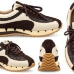Sneakers Bi-Color Crem și Maro cu Inserții Lurex Glitter, Piele Întoarsă și Talpă Arhitecturală Segmentată