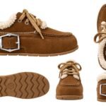 Ghete/Loafers Maro-Cognac din Piele Întoarsă cu Căptușeală din Blană Shearling Crem, Cusături Decorative și Cataramă Sculpturală