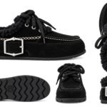 Ghete/Loafers Negri din Piele Întoarsă cu Căptușeală din Blană Shearling, Cusături Albe Decorative și Cataramă Sculpturală