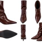 Ghete/Botine Maro-Ciocolatiu din Piele Moale Lăcuită cu Drapaj Slouchy, Vârf Ascuțit și Toc Kitten