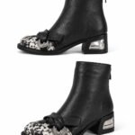 Ghete Negre din Piele cu Bombeu Pony Hair Cow-Print, Inel Sculptural și Toc cu Inserție Cromatică