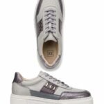 Sneakers Joși Gri-Deschis din Piele cu Inserții Violet-Metalizat, Detalii Crome și Talpă Platformă Albă