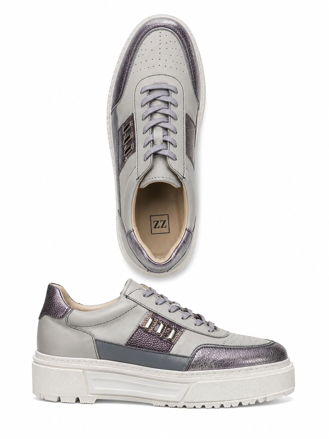 WhatsApp Image 2026-09-02 at 05.13.39 Sneakers Joși Gri-Deschis din Piele cu Inserții Violet-Metalizat, Detalii Crome și Talpă Platformă Albă - imagine 1