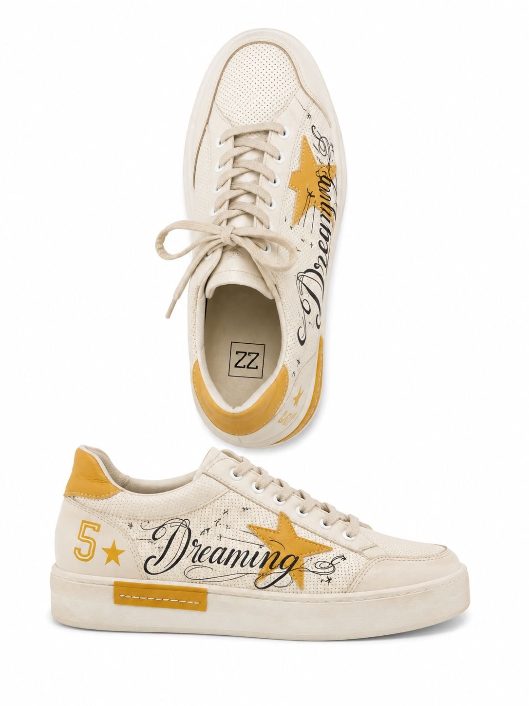 WhatsApp Image 2026-09-02 at 05.15.07 Sneakers Joși Crem din Piele cu Caligrafie „Dreaming”, Stea Aurie/Galbenă și Efect Distressed Vintage - imagine 1