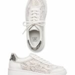 Sneakers Alb-Ivoriu din Dantelă Brodată și Piele cu Inserție Snake-Print pe Călcâi