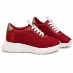Sneakers Roșu-Pasional din Dantelă Brodată și Piele cu Inserție Gold-Snake pe Călcâi