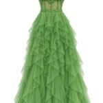 Rchie de Seară Verde-Măsliniu din Tul cu Corset Brodat, Aplicații Florale 3D și Fustă Masivă în Volane Waterfall