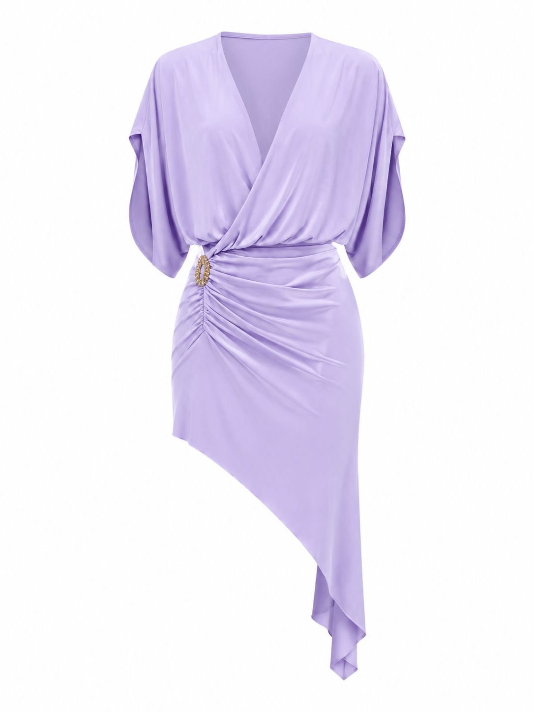 WhatsApp Image 2026-09-02 at 07.25.22 (3) Rochie Scurtă Asimetrică Lilac din Jersey Satinat cu Drapaje Faldurate, Cataramă Auriu-Vintage și Mâneci Kimono - imagine 1