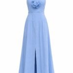 Rochie Lungă Albastru-Pudră din In cu Aplicație Florală 3D și Slit Frontal Structural