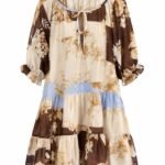 Rochie Scurtă Babydoll din Voal Diafan cu Imprimeu Patchwork Floral Maro-Ciocolatiu și Accente Albastru-Seren