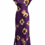 Rochie Lungă Violet din Satin cu Imprimeu Floral Auriu-Miere și Croială pe Bias