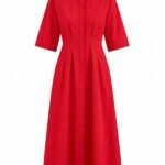 Rochie Tip Cămașă Roșu-Crimson din Poplin cu Pensetă Arhitecturală și Fustă Cloș