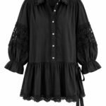 Rochie Scurtă/Tunică Neagră din Bumbac cu Inserții din Dantelă Croșetată, Mâneci Bufante și Volan Peplum