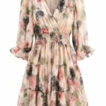 Rochie Scurtă din Voal cu Imprimeu Floral Acuarelă, Talie Elastică Smocked și Fustă în Volane