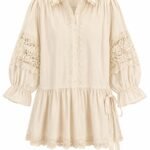 Rochie Scurtă/Tunică Bej-Ivoriu din Bumbac cu Inserții din Dantelă Croșetată, Mâneci Bufante și Volan Peplum