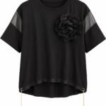 Tricou/Bluză Neagră din Bumbac cu Aplicație Trandafir 3D, Inserții din Plasă Transparentă și Lanțuri Auriu-Metalizat