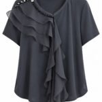 Bluză Gri-Cărbune Verda din Voal cu Cascade Asimetrice de Volane și Broderie din Cristale