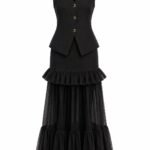 Compleu Negru-Obsidian din Două Piese: Vestă Tailored cu Nasturi Bijuterie și Fustă Maxi din Tulle Diafan cu Volane