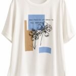 Tricou Alb-Unt din Bumbac cu Graphic Patch Geometric, Text Slogan și Aplicații Brodate 3D din Mărgele
