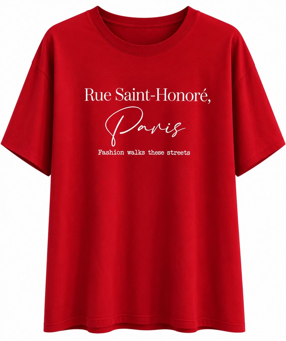 WhatsApp Image 2026-09-03 at 04.49.33 (2) Tricou Roșu-Crimson din Bumbac cu Slogan Grafic Tipografic „Rue Saint-Honoré, Paris” - imagine 1